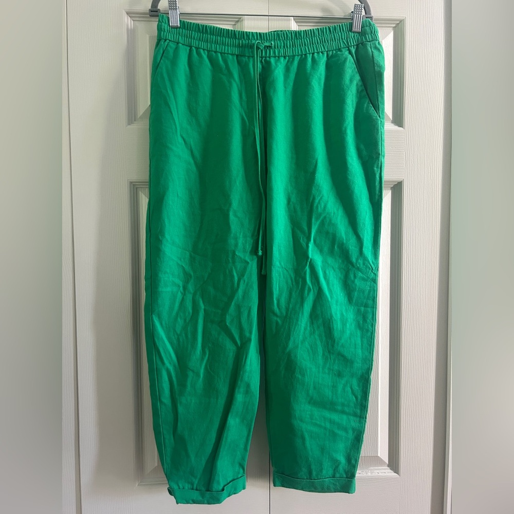 J.Crew Pants Size 8 Kelly Green Linen Cotton Blend Drawstring Ankle Pant Preppy
